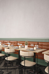 Restaurant interior with sofa,chairs tables and white wall background.3d rendering