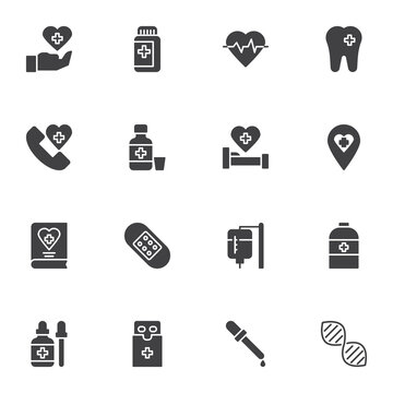 Medicine and health vector icons set, modern solid symbol collection, filled style pictogram pack. Signs, logo illustration. Set includes icons as medical pills, dna, heart cardiogram, emergency call