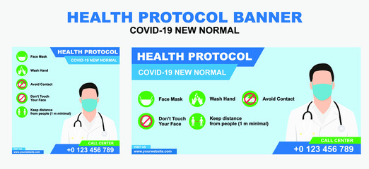 Fototapeta na wymiar Health protocol banner design about covid-19 new normal