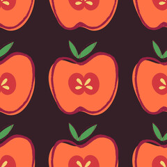 Dark hand-drawing seamless pattern with big apples with leaves. Beautiful background. Use for textile print, fabric, web design, wallpaper, packging design, wrapping paper etc. Vector illustration.