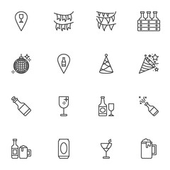 Party birthday celebration line icons set, outline vector symbol collection, linear style pictogram pack. Signs, logo illustration. Set includes icons as disco ball, party flag, confetti, cocktail