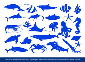 collection of fish and sea animals silhouette vector illustration 
