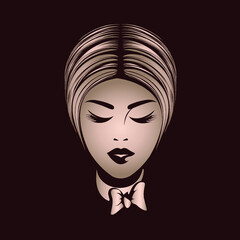 Beautiful woman with elegant hairstyle and makeup.Short haircut.Hair salon and beauty studio illustration.Fashion, cosmetics and spa female portrait.Smiling face and ribbon bow collar.Front view.