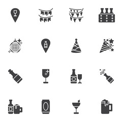 Party birthday celebration vector icons set, modern solid symbol collection, filled style pictogram pack. Signs, logo illustration. Set includes icons as disco ball, party flag, confetti, cocktail