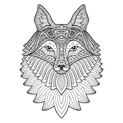 Head fox. Hand drawing black outline on a white background. Ornament, pattern Fox isolated. Coloring.