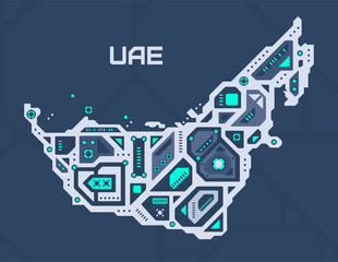 Abstract futuristic map of UAE. Mechanical circuit of the country. Technology space background.