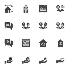 Real Estate vector icons set, modern solid symbol collection, filled style pictogram pack. Signs, logo illustration. Set includes icons as online apartment rent, property, percentage mortgage, house