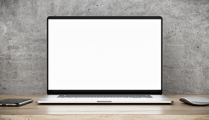 Laptop blank screen on wooden table with mouse and smartphone, on the background of concrete wall,...