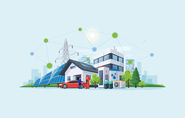 Smart renewable energy power grid system. Off-grid building city battery storage sustainable island electrification. Electric car charging with solar panels, wind, high voltage power grid and city.  © petovarga