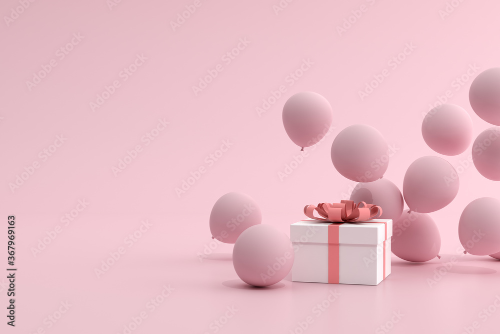 Aufkleber mock up of gift box and balloons in minimal style. 3d rendering.