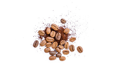 Roasted coffee beans with ground coffee on white background 