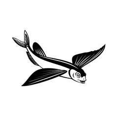 Sailfin Flying Fish or Flying Cod Side View Retro Black and White
