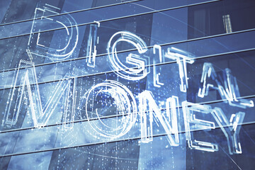 Multi exposure of cryptocurrency theme hologram drawing and city veiw background. Concept of...