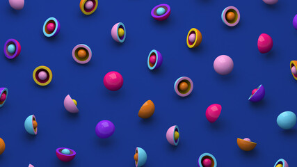 Colorful hemispheres and balls. Blue background. Abstract illustration, 3d rendering..