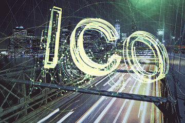 Multi exposure of cryptocurrency theme hologram drawing and city veiw background. Concept of blockchain and bitcoin.