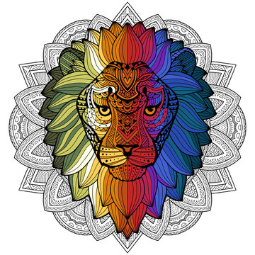 Lion ethnic graphic style with herbal ornaments and patterned mane. Vector illustration. Patterned head of the lion on the grunge background. African / indian / totem design. 