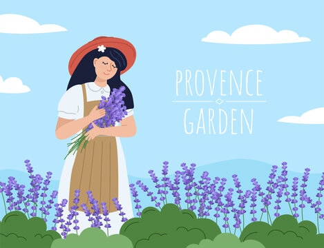 Beautiful woman with lavender bouquet. Floral background with florist girl. Provence garden.