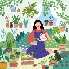 Young woman grows seedling at home garden. Girl and cat in greenhouse. Home exterior. Modern illustration.