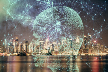 Brain hologram drawing on city scape background Double exposure. Brainstorming concept.