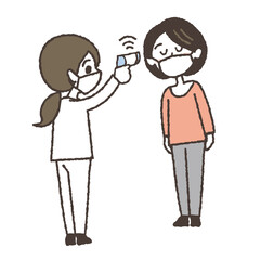 非接触体温計で体温を測る女性のイラスト