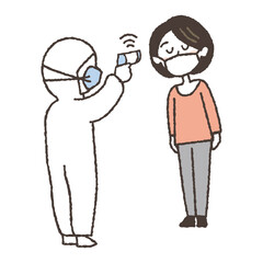 非接触体温計で体温を測る女性のイラスト