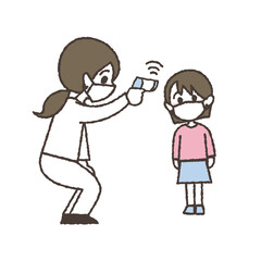 非接触体温計で体温を測る女の子のイラスト