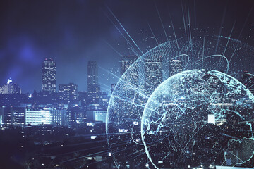 Multi exposure of social network theme drawing and cityscape background. Concept of people connecton.