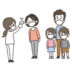 非接触体温計で体温を測る家族のイラスト