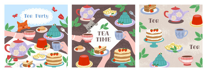 Fototapeta na wymiar Set of colorful flyers with cakes, drinks, hands, cups, leaves, flowers, cats. Tea party. Breakfast with delicious dishes. Greeting cards for decoration holidays.