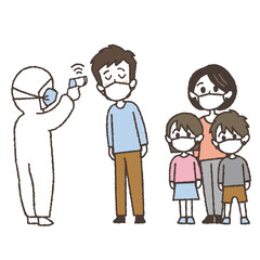 非接触体温計で体温を測る家族のイラスト