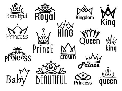Vector crown logo. Hand drawn sketch and signs collections. Black brush line isolated on white background. Crowned logo set.