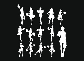 Set of Simple Vector Design of a Cheerleader in White with Black Background