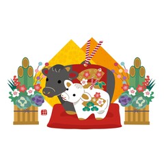 2021年　年賀状　丑年　土鈴　牛　親子
