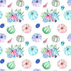 Watercolor autumn seamless pattern with bright pumpkins