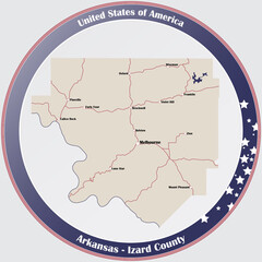 Round button with detailed map of Izard County in Arkansas, USA.
