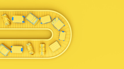 Yellow luggage on conveyor belt. Baggage conveyor belt travel minimal  background concept. Yellow...