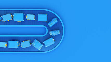 Blue luggage on conveyor belt. Baggage conveyor belt travel minimal  background concept. Blue pastel color minimalist mock up idea. Blue colored holidays suitcases . 