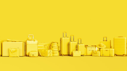 Yellow luggage on yellow pastel background. Yellow suitcases travel minimal  background concept. Yellow color minimalist mock up idea. Yellow colored holidays equipment animation.  - obrazy, fototapety, plakaty