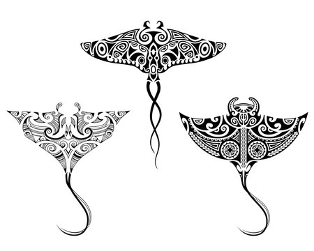 Set of Manta ray  in Maori style. Tattoo sketch tribal ethno style.  Collection of tattoo for divers.