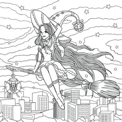 Witch flies on a  broom at night city. Coloring book page for adult. Girl in helloween costume with witch hat and with lantern is among stars. Vector hand drawn illustration with doodle elements.