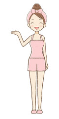 右手を上げて案内するルームウエア女性　にっこり