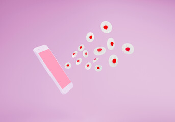 3d illustration smartphone with loves like click button shows social media notification. Minimal design render 3d with a white phone on pink background