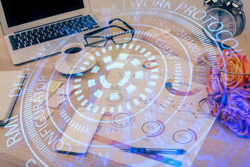 Multi exposure of table with computer on background and data theme drawing. Concept of innovation.