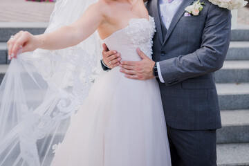 groom with bride on the stairs in the park