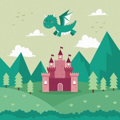 Fototapeta premium dragon flying over a castle