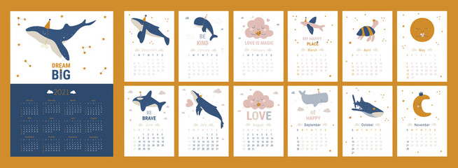 Kids calendar for 2021 year. Printable planner of 12 months with cute whales illustrations. Baby cartoon vector calendar. Doodle calendar set with dolphin, clouds, sea animal, ocean, pink, stars. © kindari