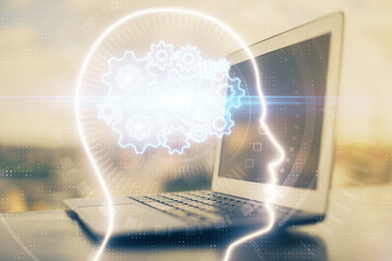 Double exposure of desktop computer and human brain drawing hologram. Ai concept.