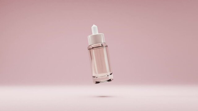 3d realistic glass bottle with pipette. Cosmetic vial for oil, liquid essential, collagen serum is isolated on pastel background. Animation of packaging for design, advertising, products promotion.