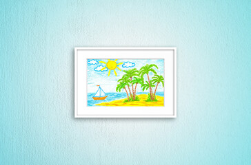 Colorful pencils drawing picture with sea view motif in white frame isolated on light green textured wall, interior decor mock up