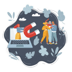 Illustration of concept for digital marketing, social campaign, interaction with followers concept. Woman on screen laptop with big magnet attracts users on dark.